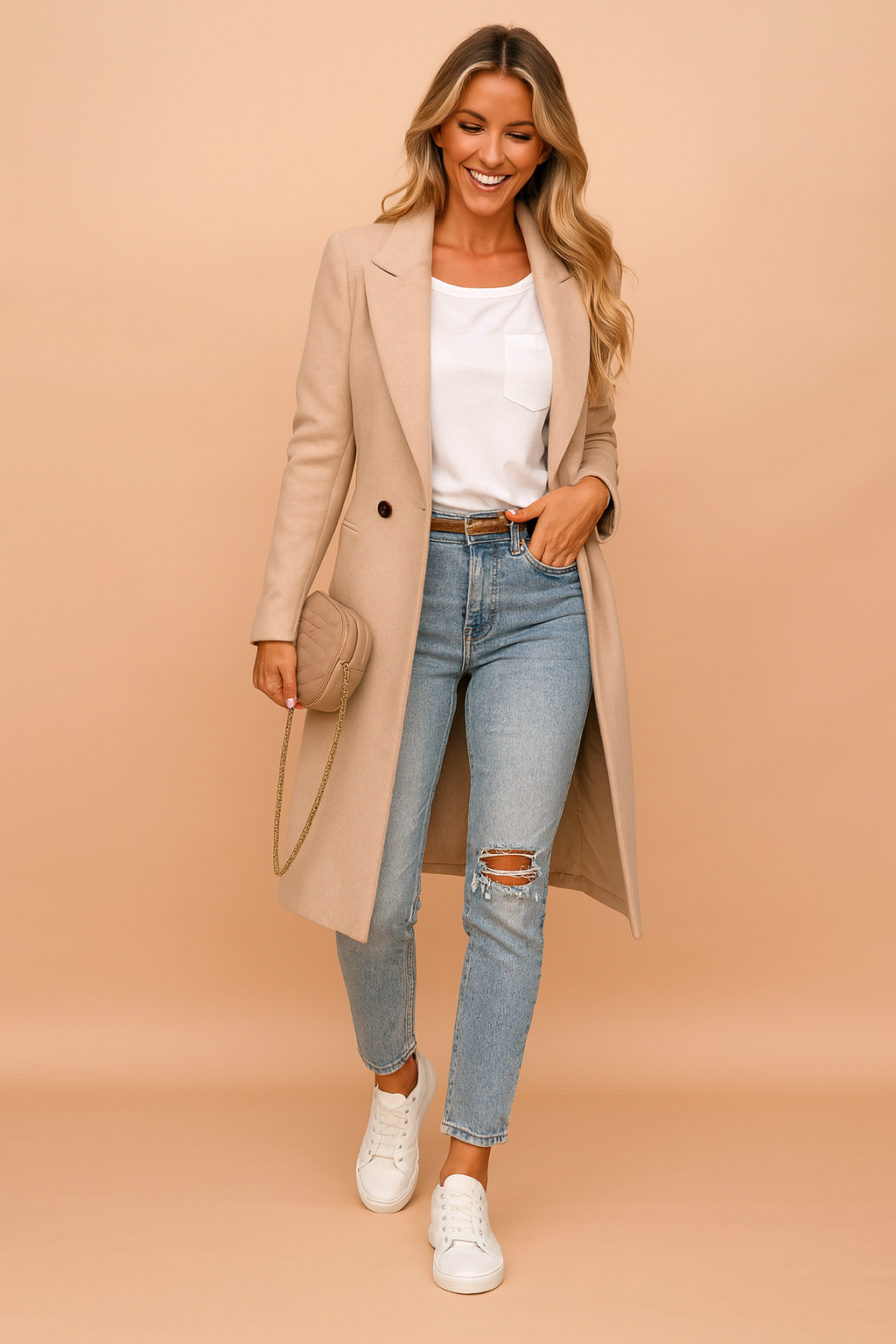 Elegant women's classic double-breasted longline coat for winter. Stylish black wool blend outerwear.