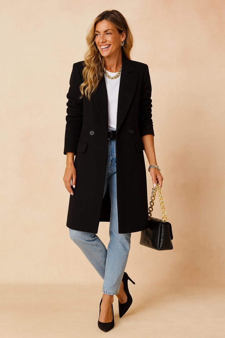 Close-up of classic double-breasted women's longline coat, showing sophisticated button details and warm fabric.