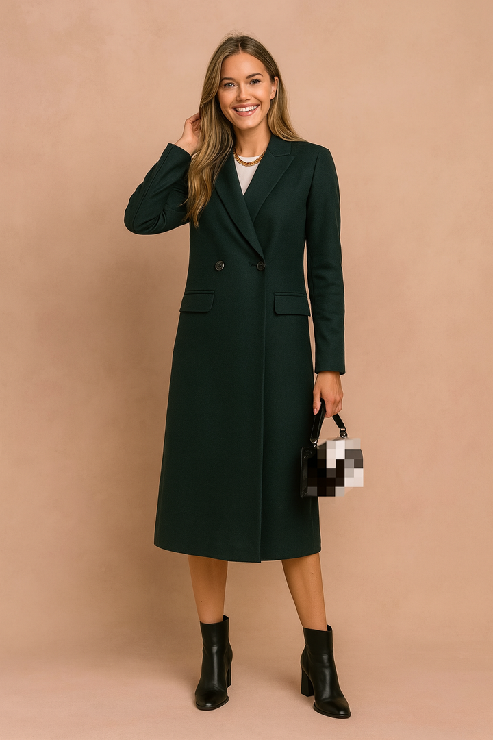 Stylish woman wearing a sophisticated longline double-breasted coat. Perfect elegant outerwear for fall & winter.