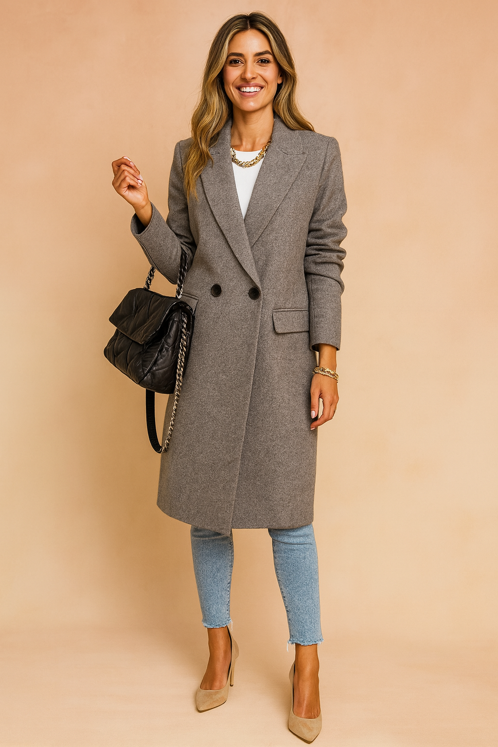 Versatile women's elegant longline double-breasted coat, perfect sophisticated outerwear for cold fall & winter days.