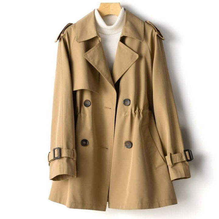 Elegant women's classic khaki trench coat, tailored for a sophisticated fall or spring outerwear look.