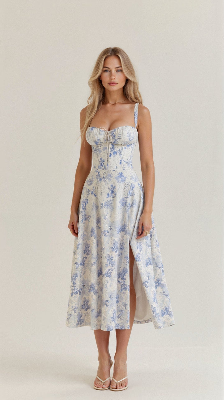 Women's elegant sleeveless midi dress, cotton blend, chic corset design, flowy skirt.