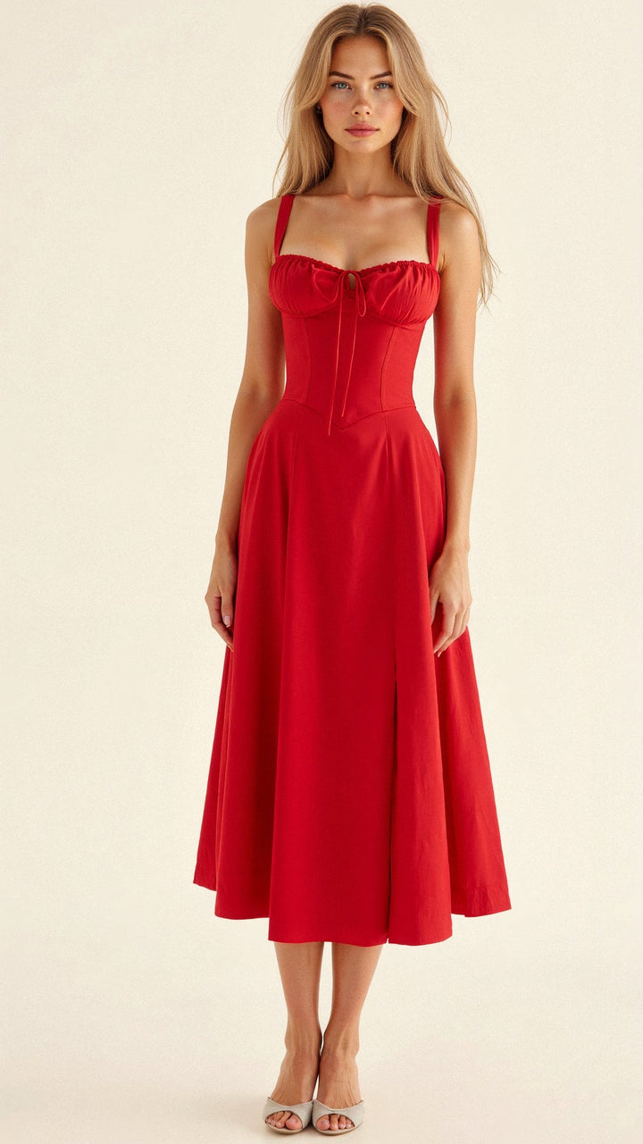 Chic women's summer dress, elegant cotton midi length, with a flattering corset detail.