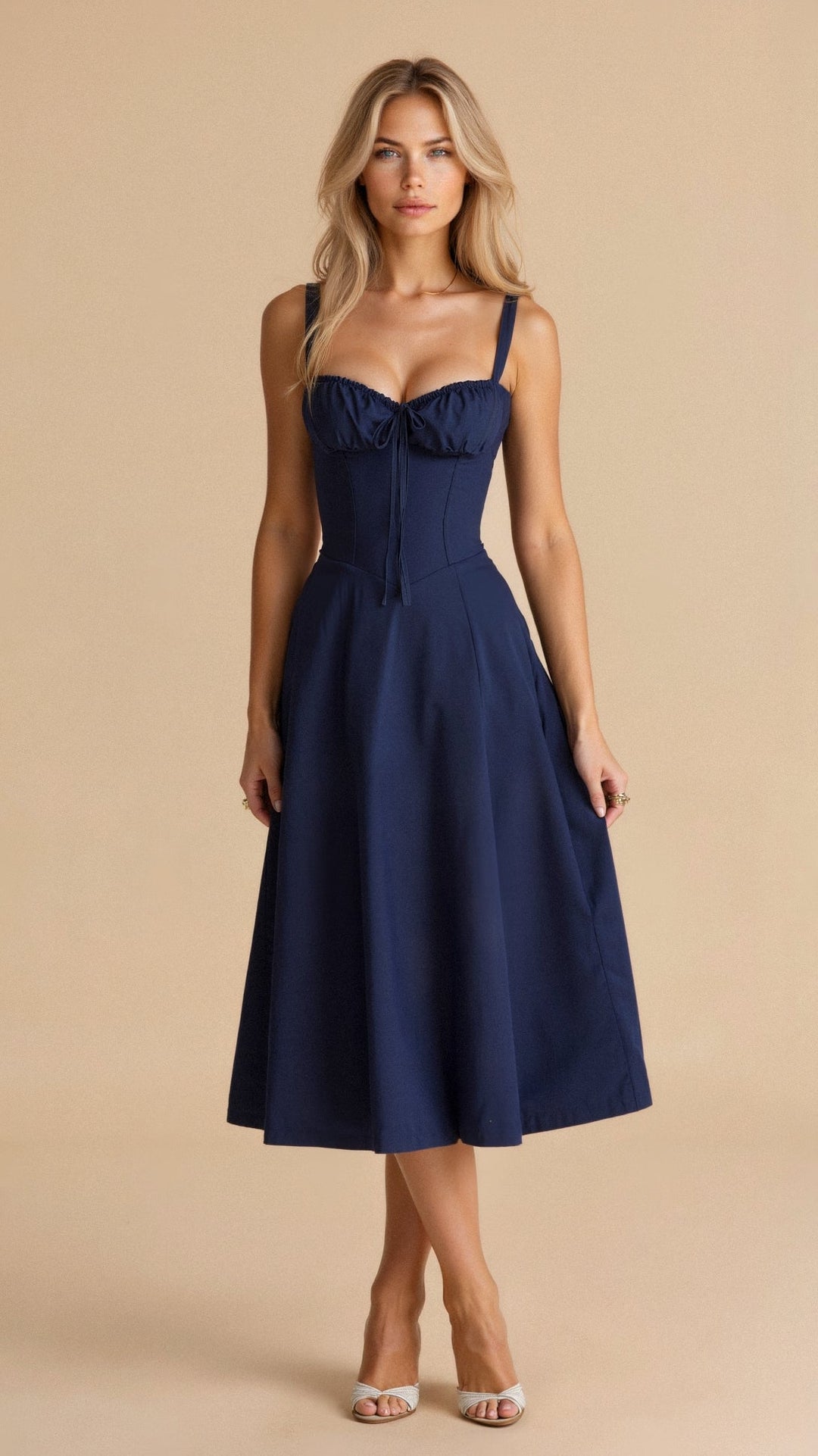 Casual elegant women's midi dress, cotton blend, figure-flattering corset design, summer ready.