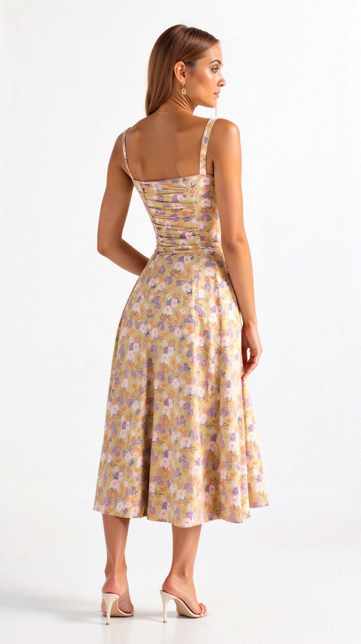 Flowy women's elegant midi dress in cotton, featuring a stylish corset design, summer fashion.