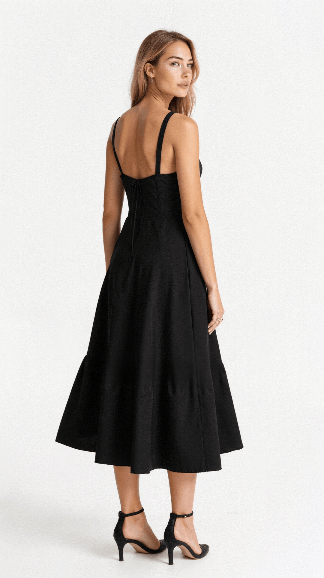Elegant women's sleeveless midi dress, cotton blend, chic corset detail, perfect for summer events.