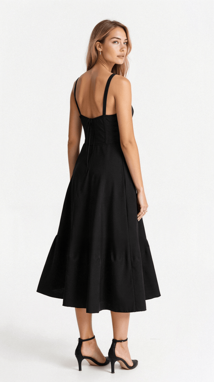 Elegant women's sleeveless midi dress, cotton blend, chic corset detail, perfect for summer events.