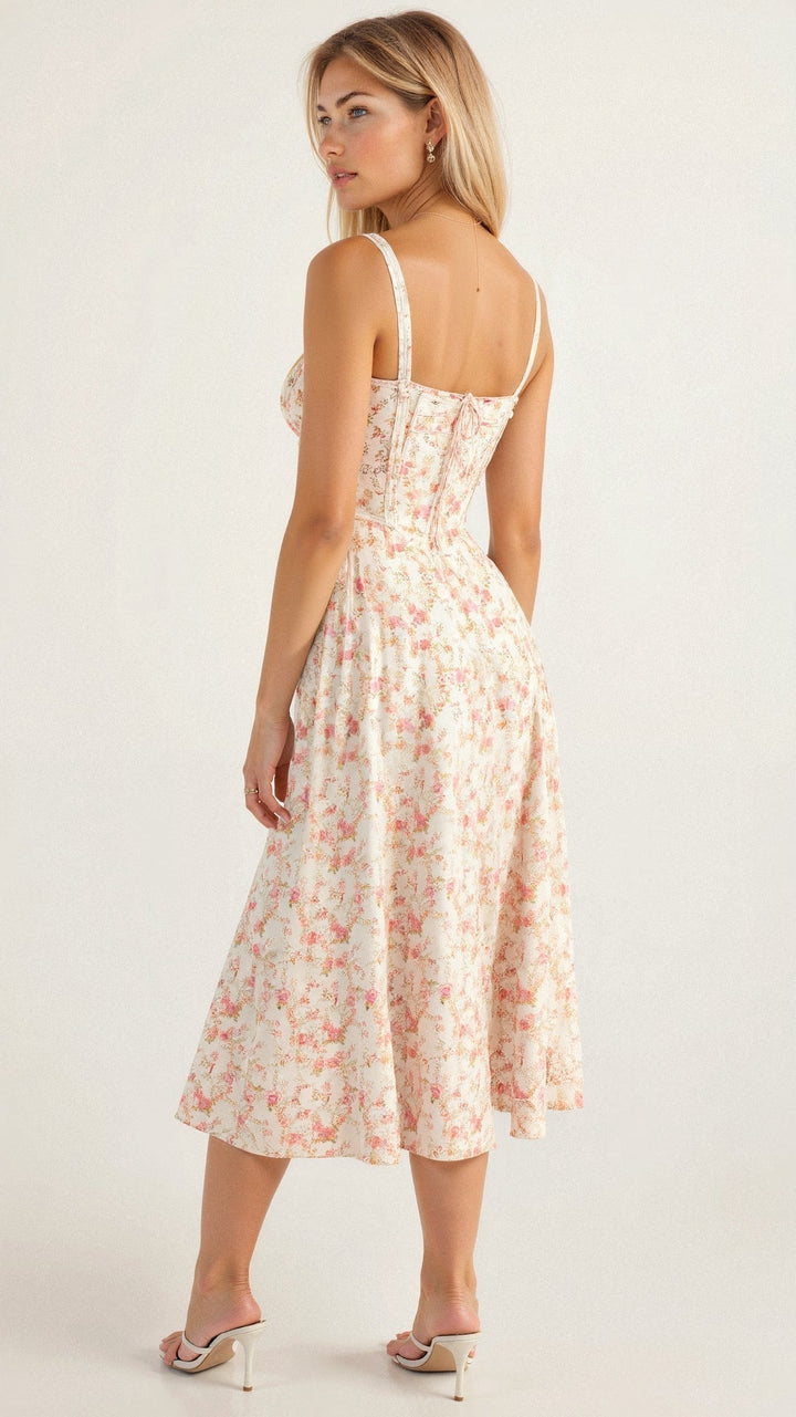 Occasion wear women's midi dress, elegant cotton blend, chic corset design, summer style.
