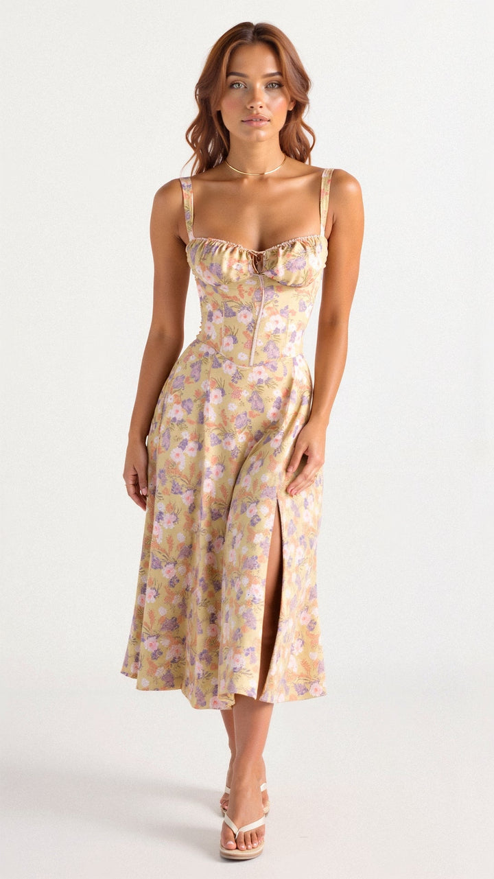 Women's apparel: figure-flattering cotton midi dress, elegant corset style, great for parties.
