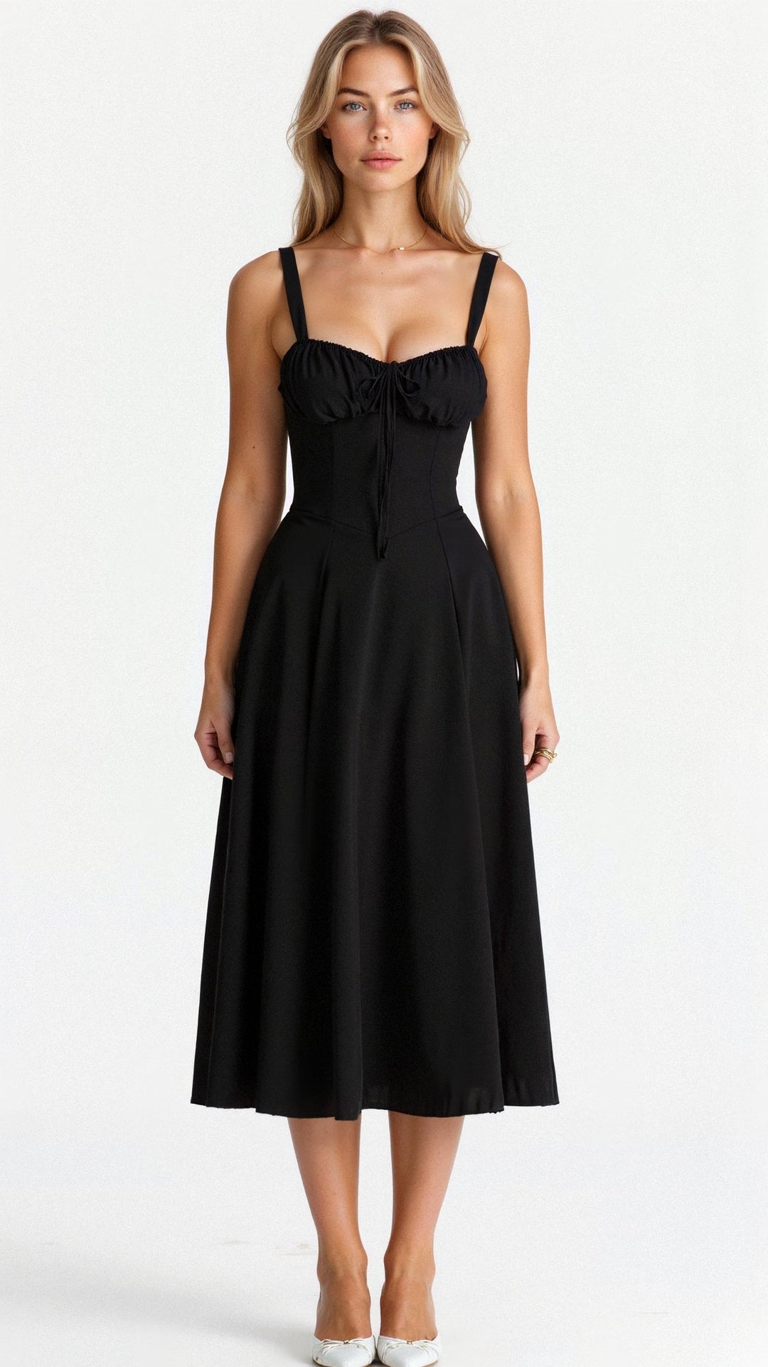 Chic women's summer midi dress, comfortable cotton, elegant corset detailing, sleeveless.
