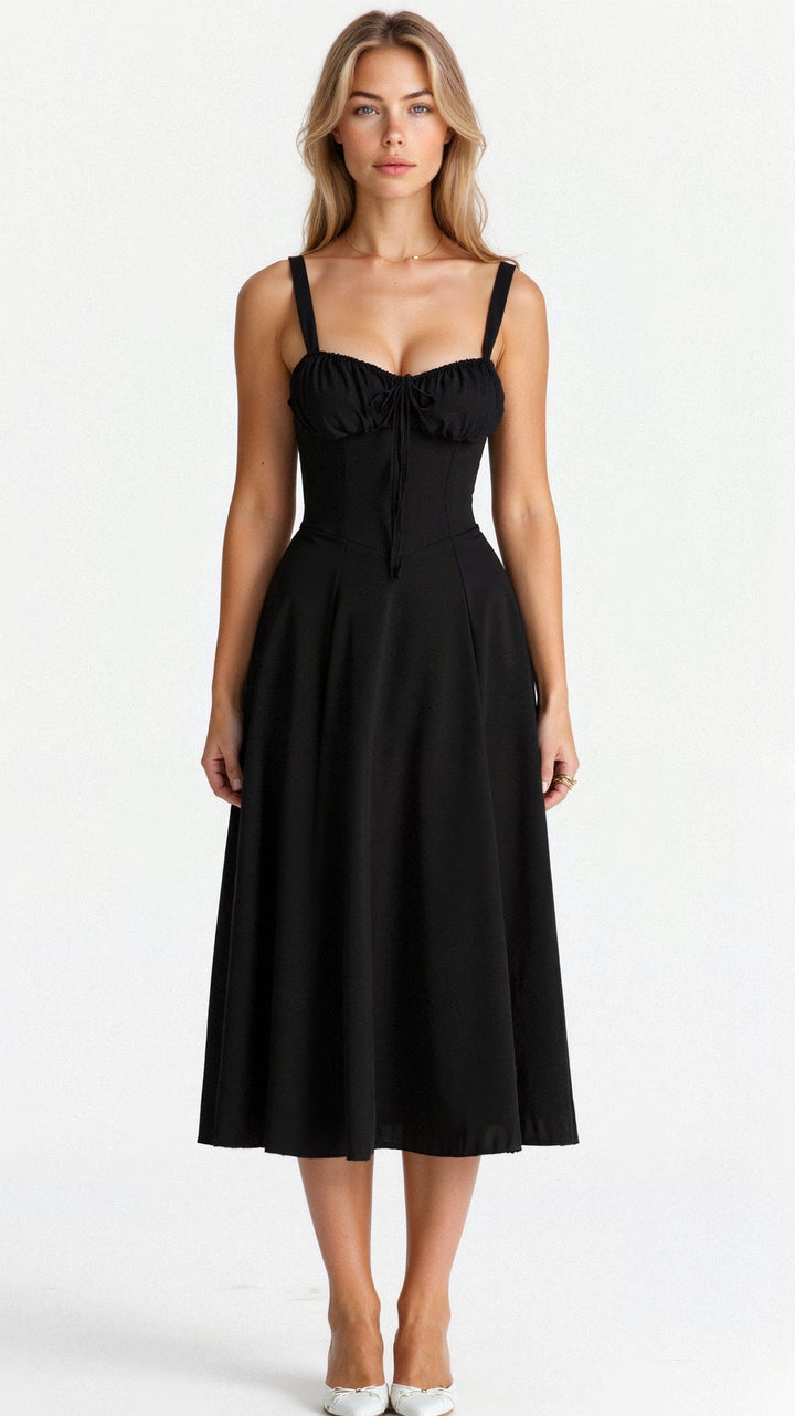 Chic women's summer midi dress, comfortable cotton, elegant corset detailing, sleeveless.