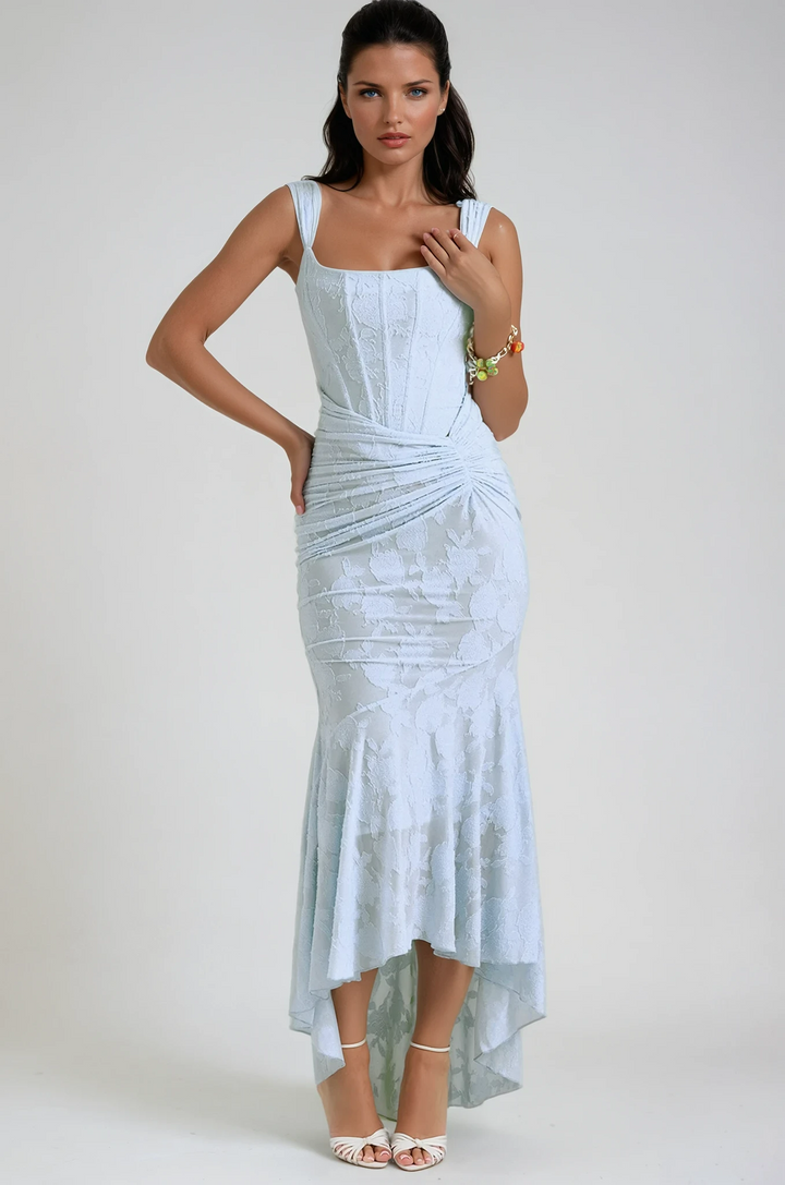 Elegant women's corset maxi dress, ruched design, perfect for special occasions & formal events.