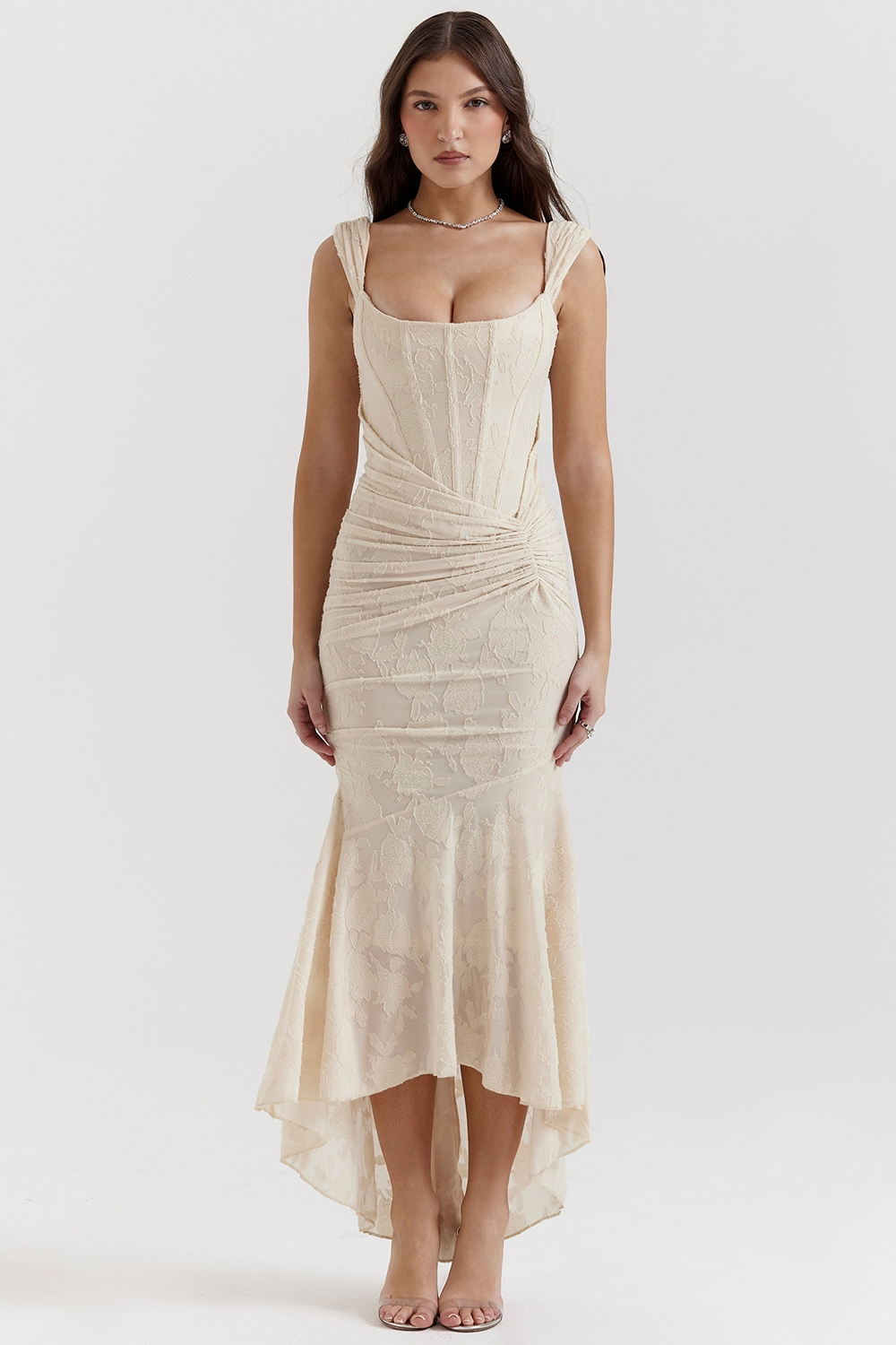 Women's formal maxi dress, elegant ruched fabric, corset style top, perfect for special occasion evenings.