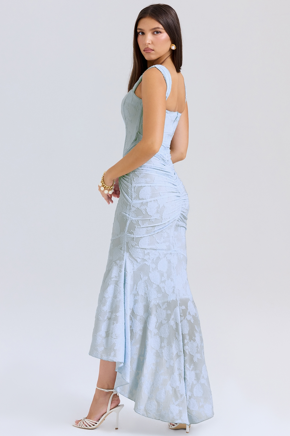 Formal ruched maxi dress for women, elegant corset style, suitable for wedding guests.
