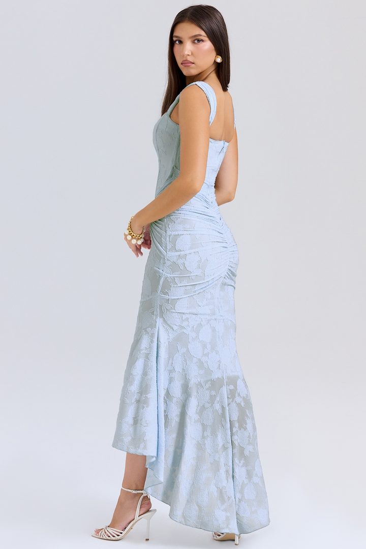 Formal ruched maxi dress for women, elegant corset style, suitable for wedding guests.