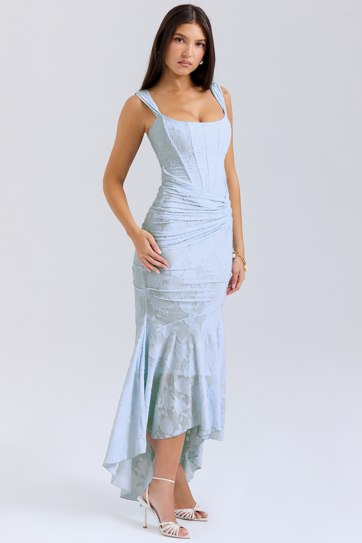 Sophisticated women's maxi dress with ruched details, elegant corset style, perfect for evening wear.