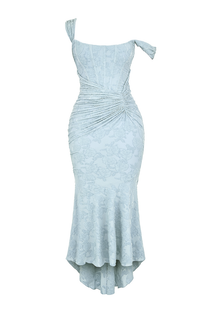 Fashionable women's formal dress, elegant ruched maxi style with a flattering corset top.