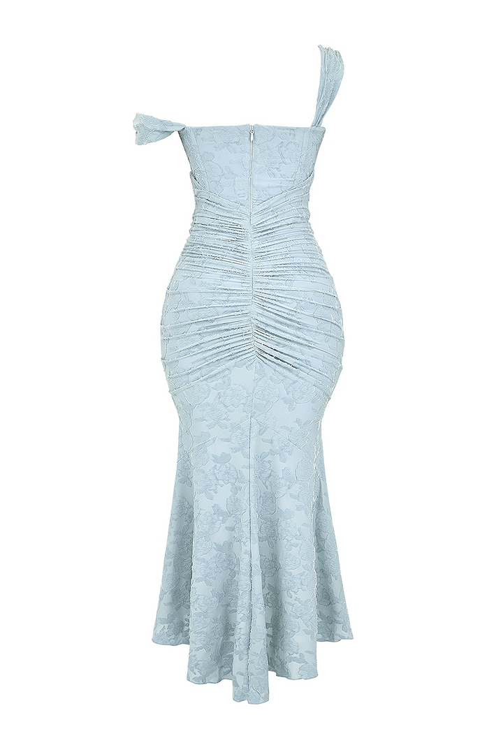 Chic women's evening gown, elegant ruched corset maxi dress, suitable for formal parties.
