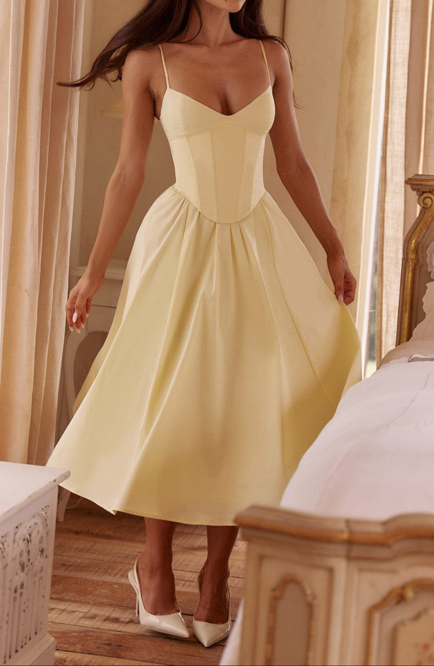 Elegant women's corset midi dress with A-line skirt & spaghetti straps, perfect for formal events & special occasions.