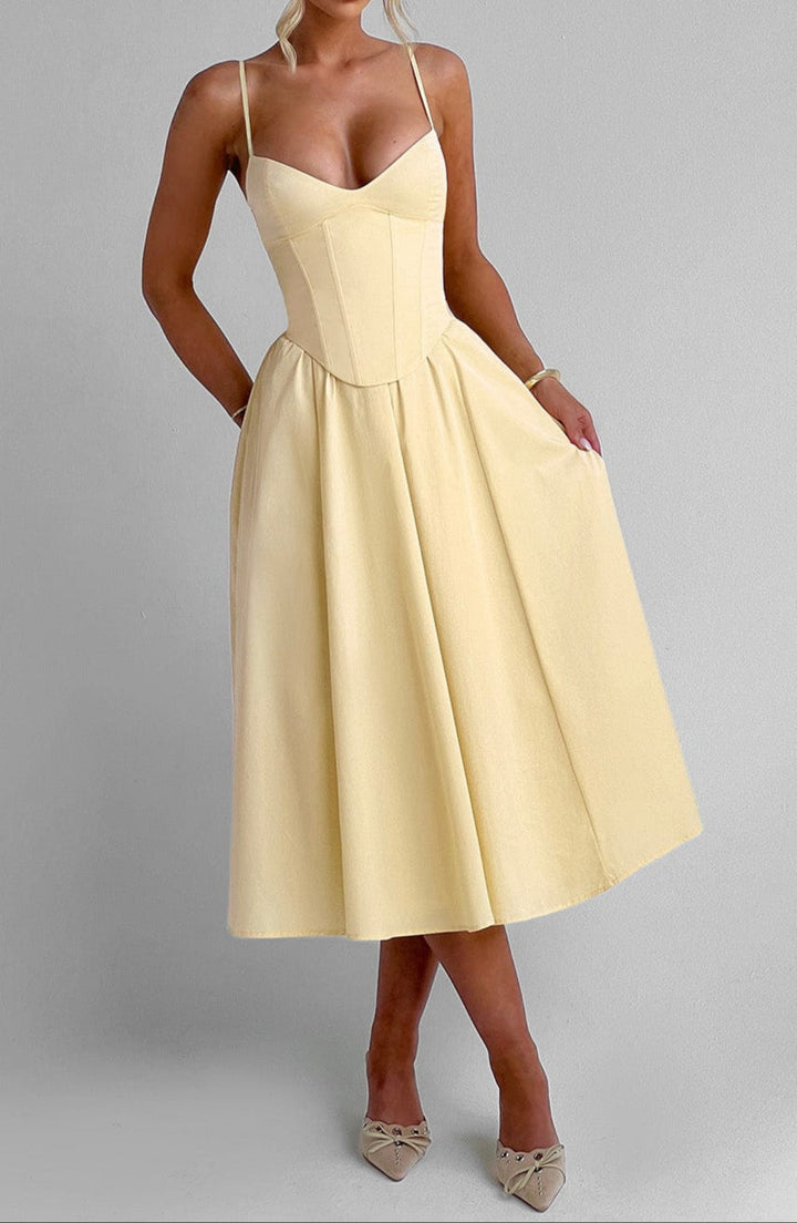 Formal A-line spaghetti strap midi dress for women, ideal as a wedding guest or cocktail party outfit.