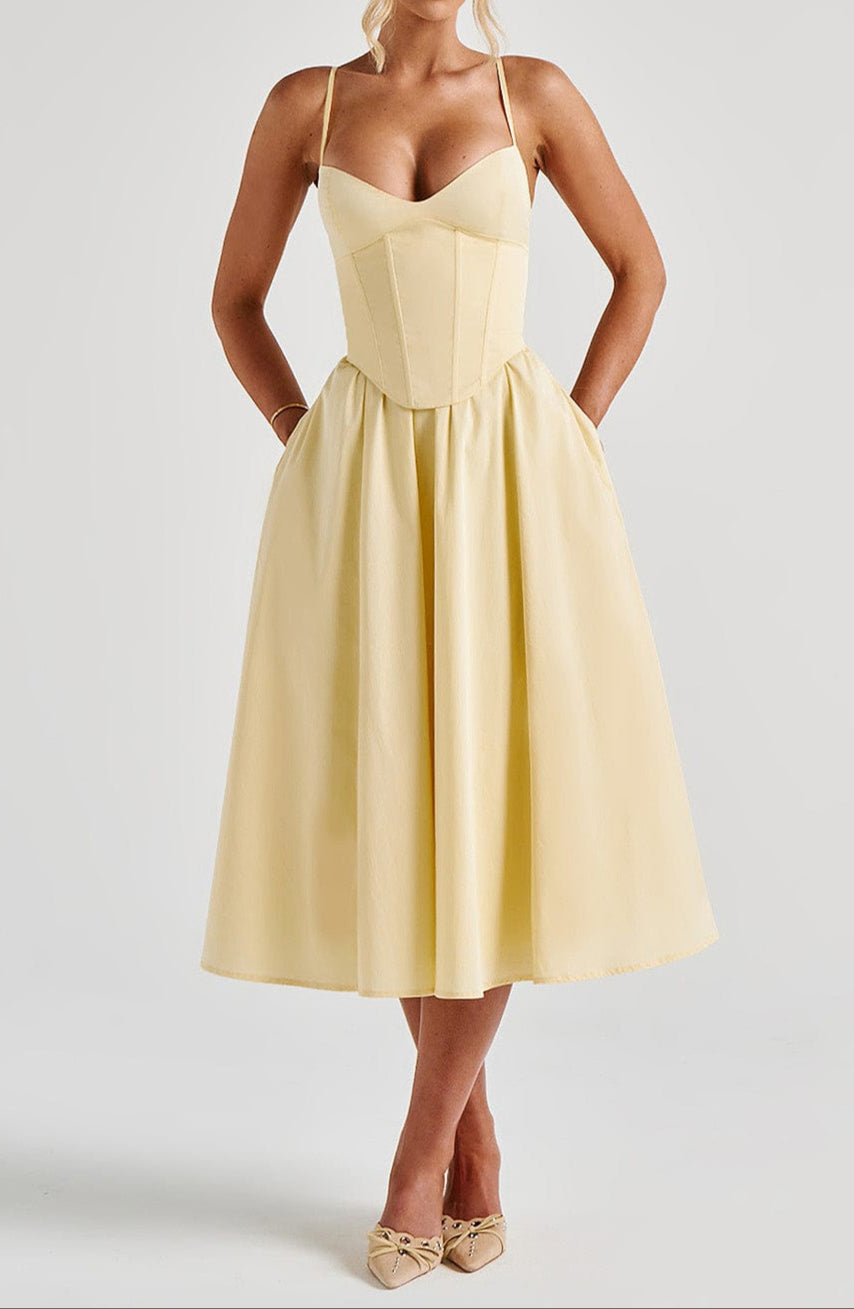 Women's fitted corset A-line midi dress with spaghetti straps, an elegant choice for formal occasions.