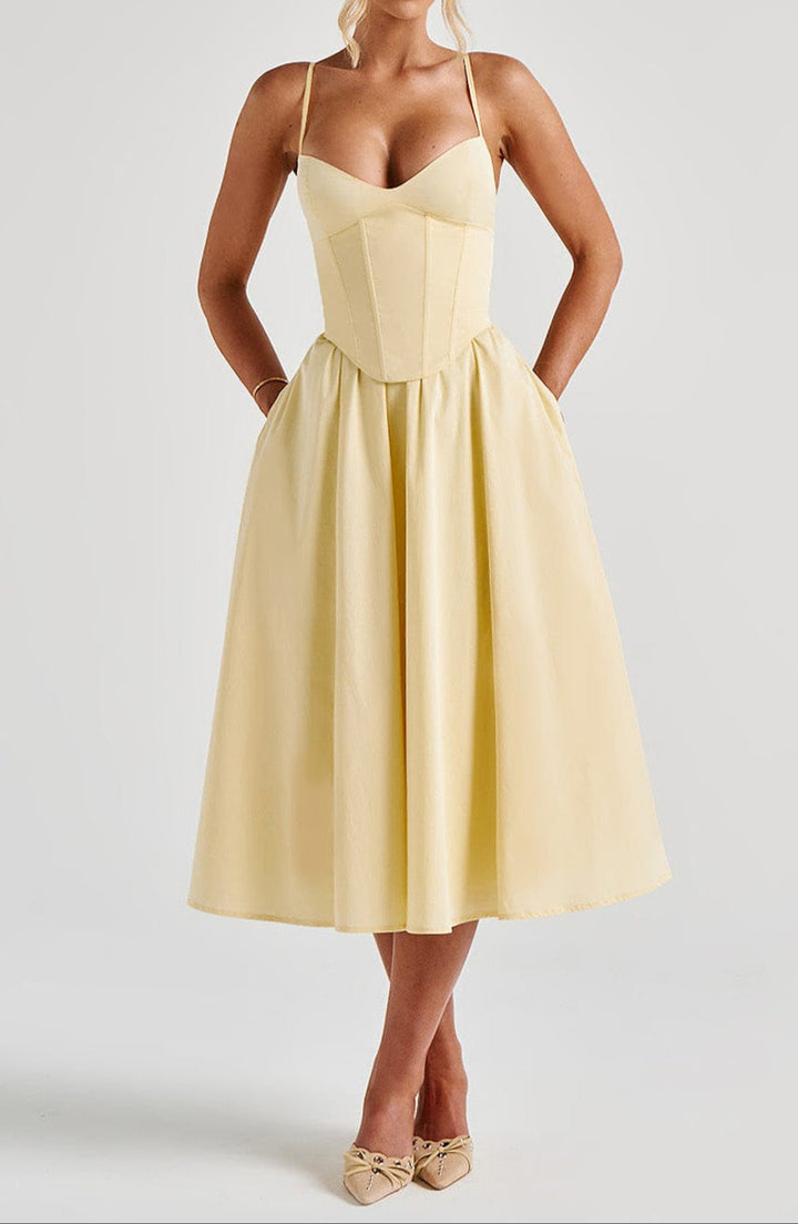 Women's fitted corset A-line midi dress with spaghetti straps, an elegant choice for formal occasions.