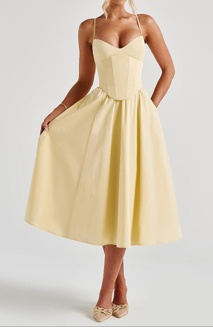 Graceful women's A-line midi dress with a structured corset bodice & thin spaghetti straps for formal events.