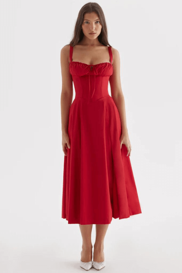 Flattering blue women's corset midi dress. Elegant summer sun dress perfect for warm weather.