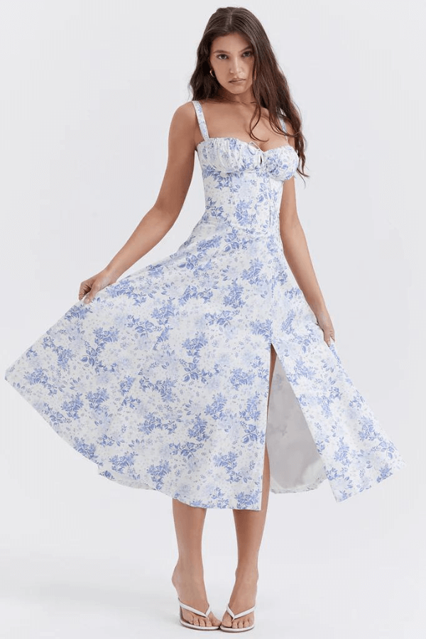 Stylish women's elegant corset midi sun dress available in red, navy blue & yellow. Flattering summer wear.