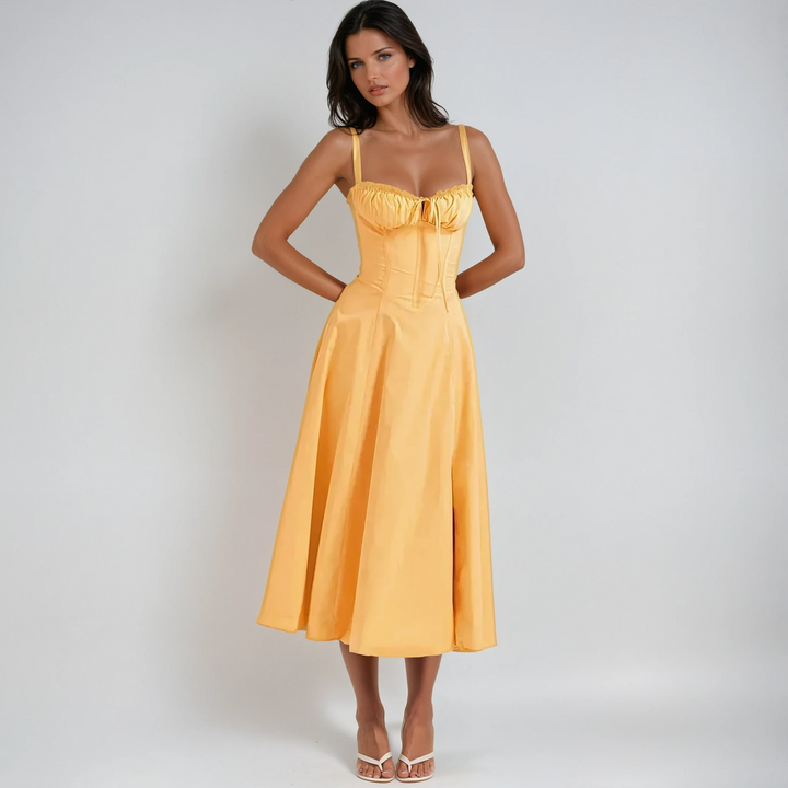 Elegant women's corset party midi dress with a flared skirt, perfect for special occasions & summer style.