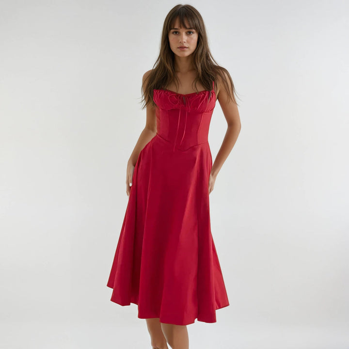 Women's elegant corset party midi dress, featuring a fitted bodice & a gorgeous flared skirt.
