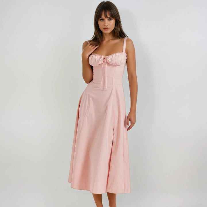 Striking women's elegant corset midi dress, perfect for parties, with a modern silhouette & flared skirt.