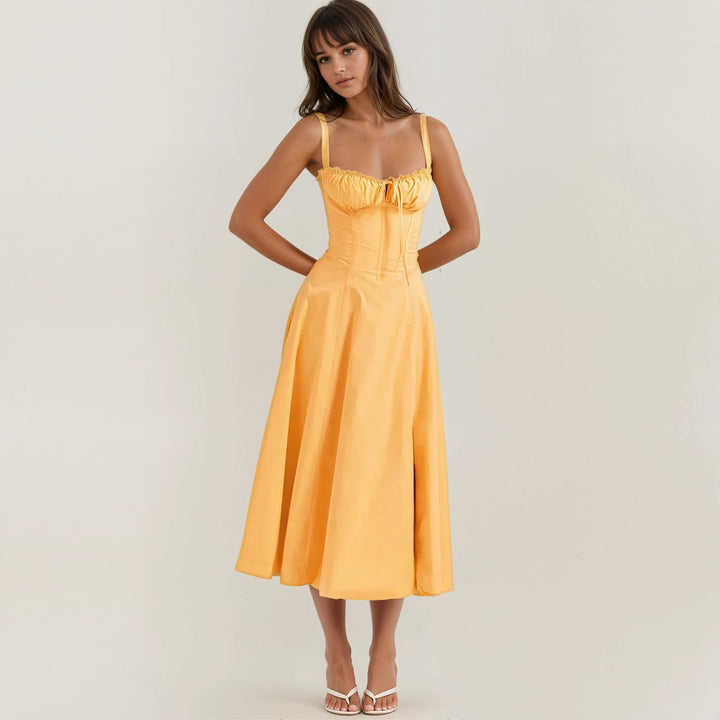Women's modern silhouette corset midi dress, elegant & romantic flared skirt, ideal for parties.