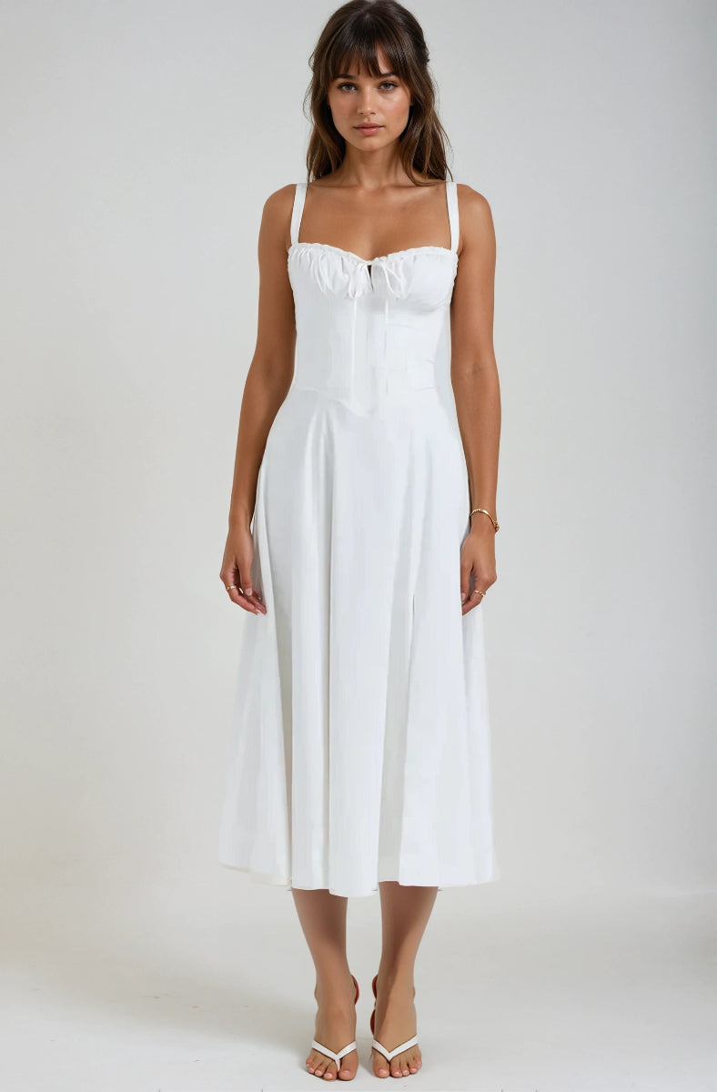 Fitted women's elegant corset midi dress with a flowing flared skirt, perfect for summer parties & special events.