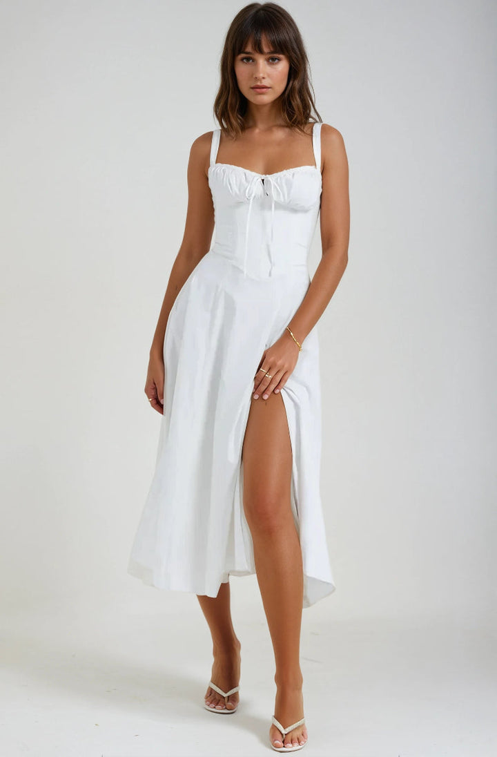 Elegant women's corset midi dress, ideal for parties & special occasions, showcasing modern fashion.