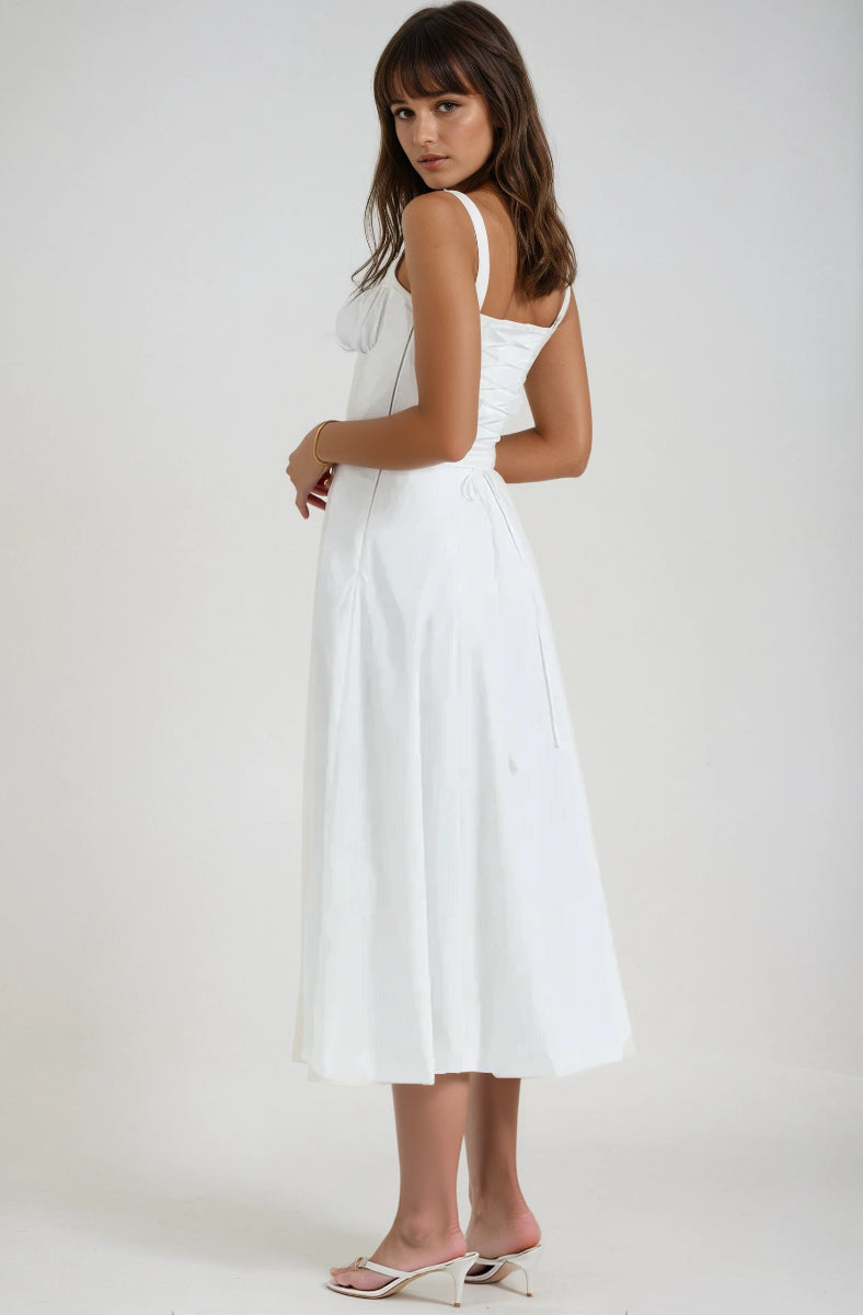 Stylish women's elegant midi dress featuring a corset design & flared skirt, suitable for any party or summer event.