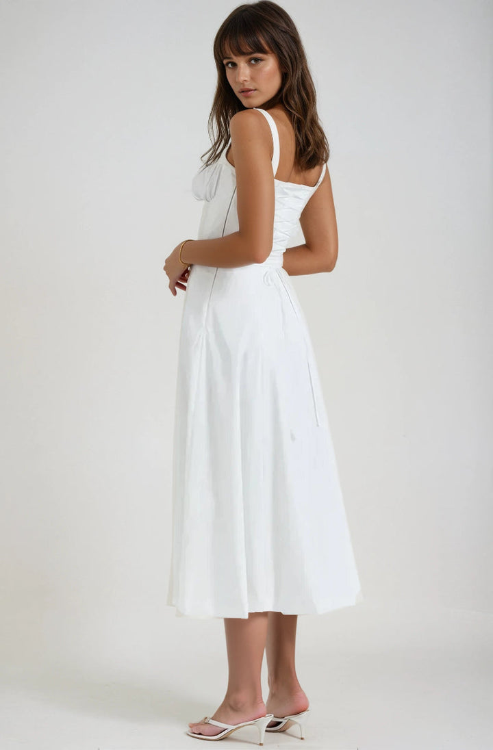Stylish women's elegant midi dress featuring a corset design & flared skirt, suitable for any party or summer event.