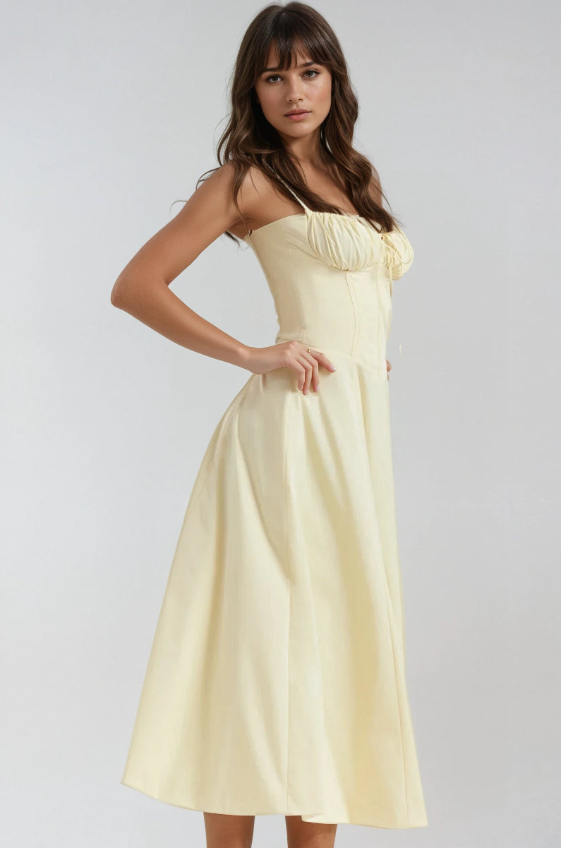 Summer style elegant corset midi dress for women, with a beautiful flared skirt, perfect for parties.