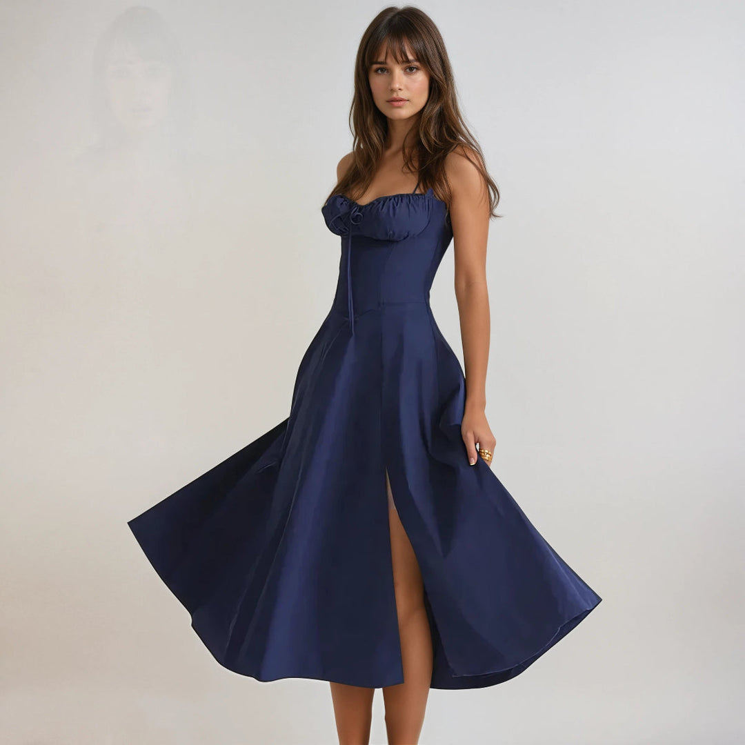 Elegant women's special occasion midi dress, corset top & flowing flared skirt, modern fashion.