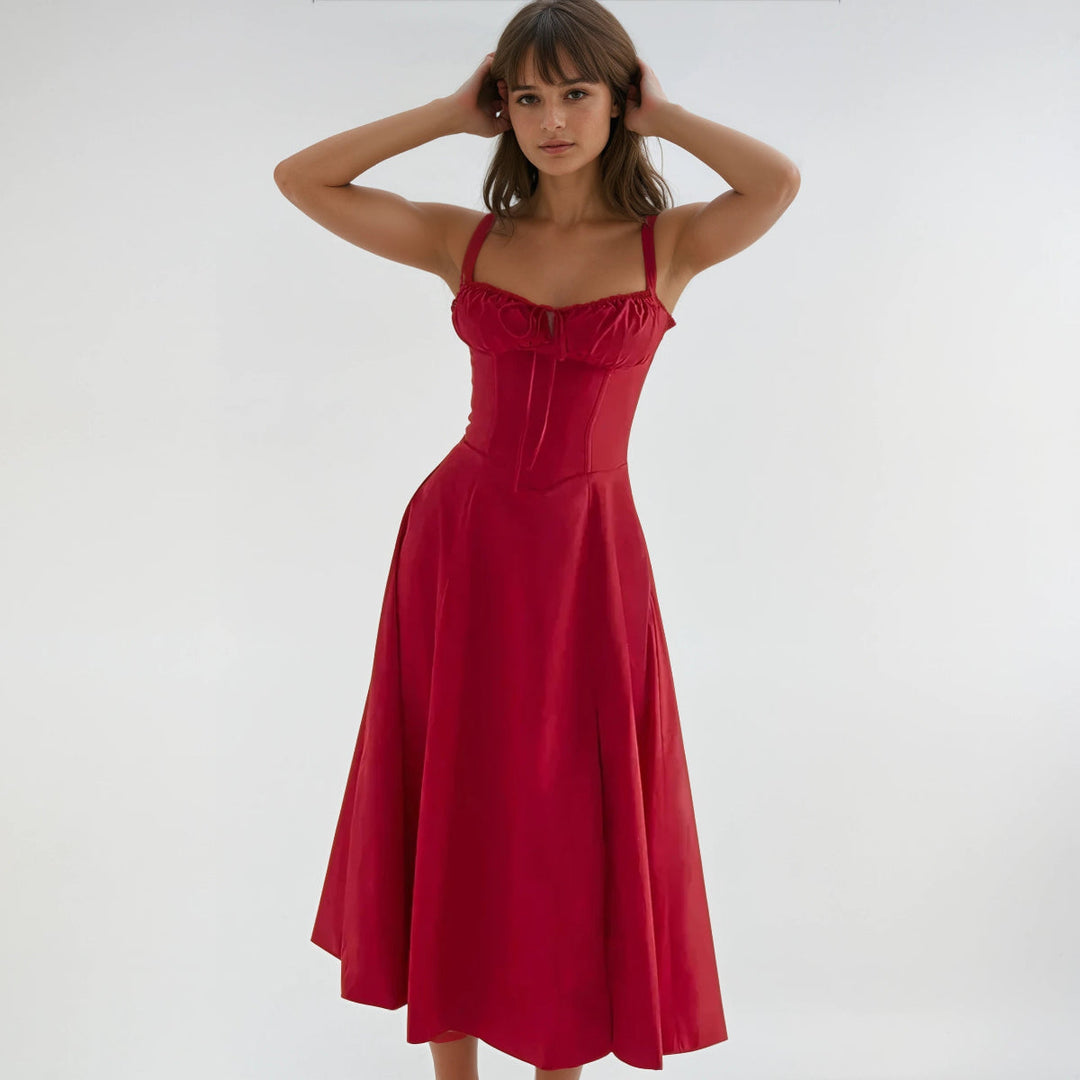 Women's modern fashion corset party midi dress, elegant design with a comfortable flared skirt.