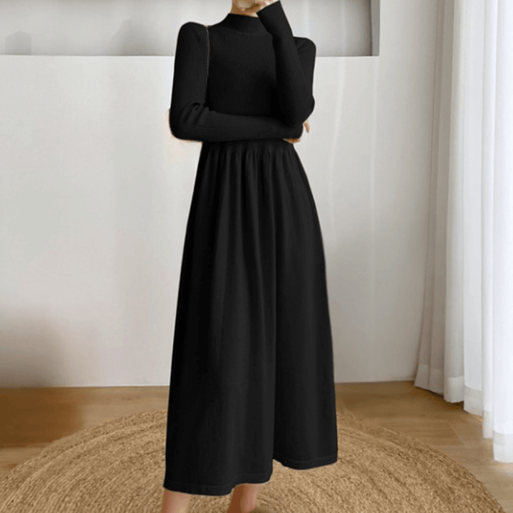 Warm & cozy women's knitted winter dress. Long sleeve midi sweater dress in apricot or black, ideal for cold weather.