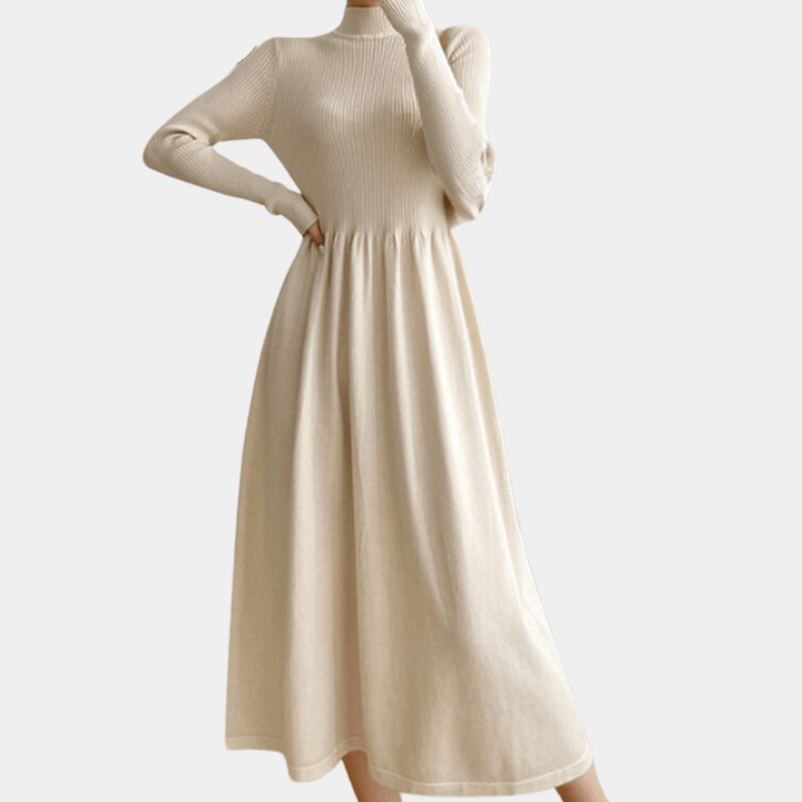 Stylish women's long sleeve knitted midi dress. Elegant yet casual winter sweater dress, available in apricot or black.