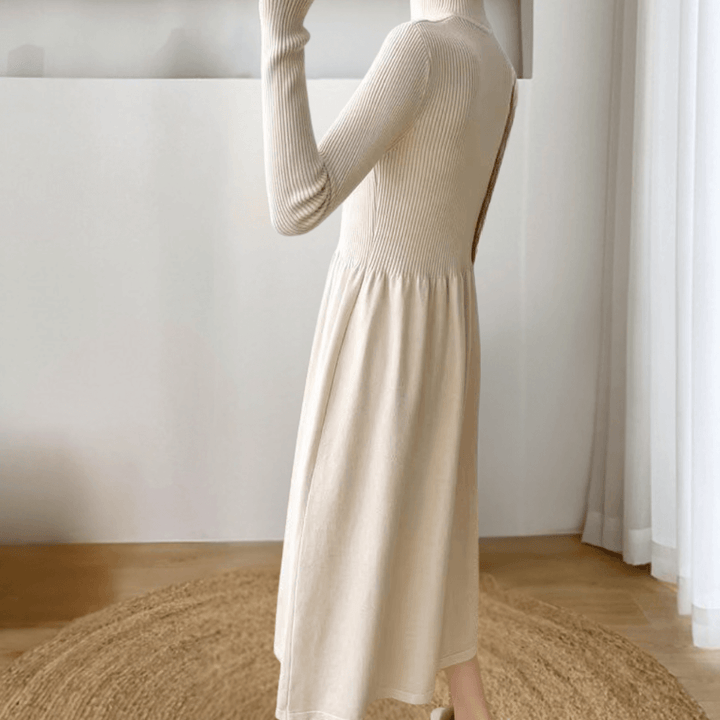 Soft knitted women's midi winter dress. Cozy long sleeve sweater dress for elegant warmth. Apricot or black fashion.