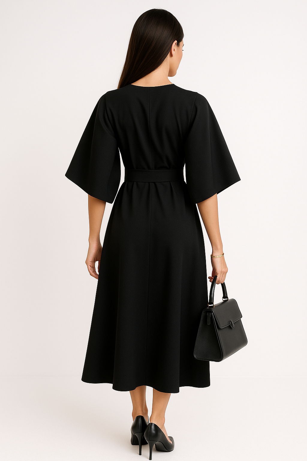 Women's professional midi dress with crew neck & kimono sleeves, perfect for day to night office wear.