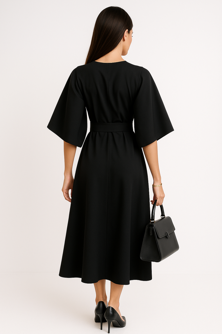 Women's professional midi dress with crew neck & kimono sleeves, perfect for day to night office wear.