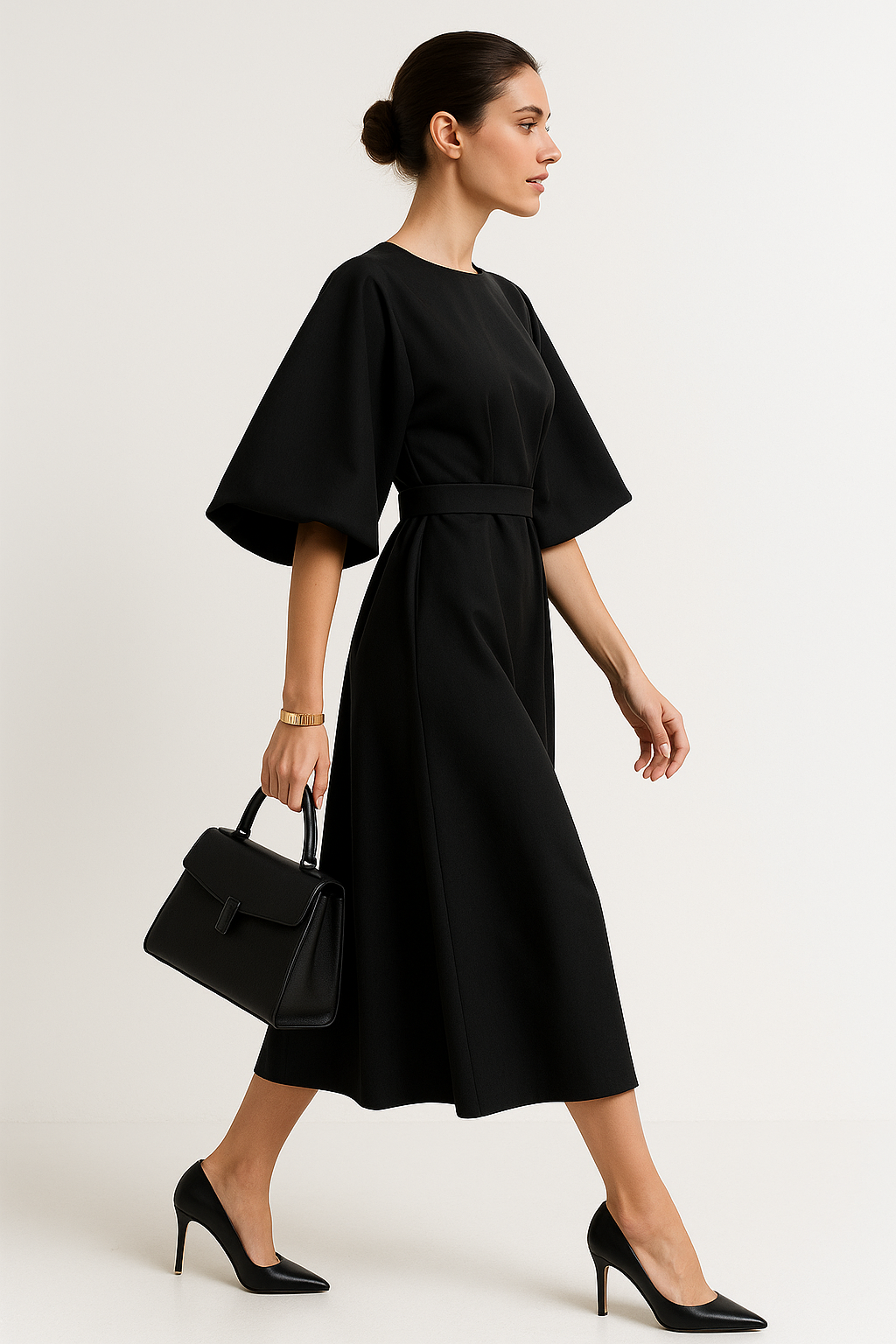 Close-up of elegant crew neck & flowing kimono sleeve on a women's sophisticated work midi dress.
