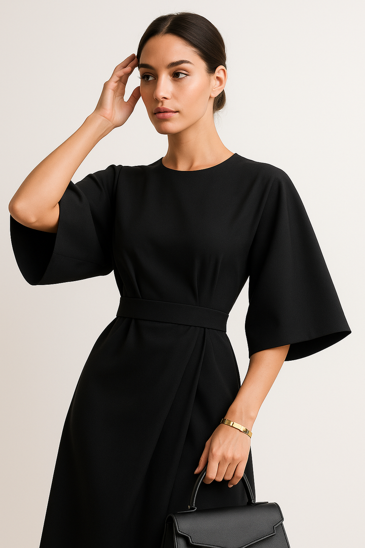 Versatile women's formal midi dress; elegant crew neck & kimono sleeves for day to night professional style.