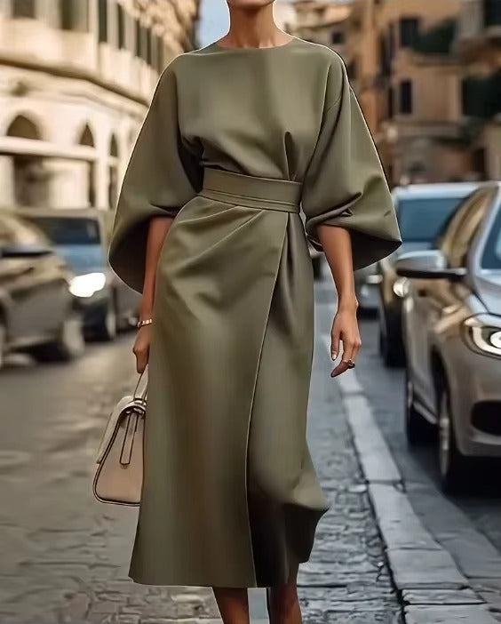 Formal women's work midi dress with elegant crew neck and stylish kimono sleeves for professional office wear.