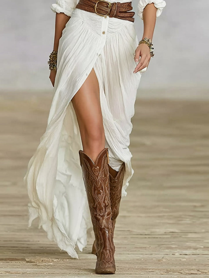 Elegant & modest Crissa long dress for women, featuring a flattering belt & sophisticated pleated lapels.
