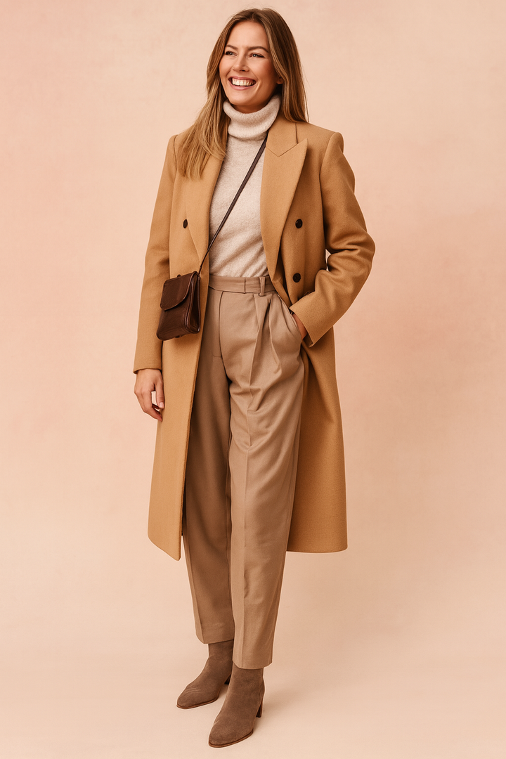 Elegant women's double-breasted long coat. Perfect for winter office wear, this classic sophisticated outerwear is timeless.